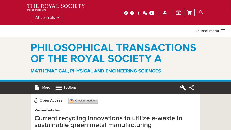 Screenshot of royalsocietypublishing.org: Current recycling innovations to utilize e-waste in green metal manufacturing