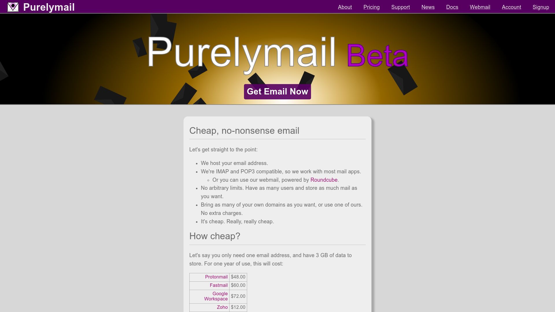 Screenshot of purelymail.com: Purelymail: Cheap, no-nonsense email