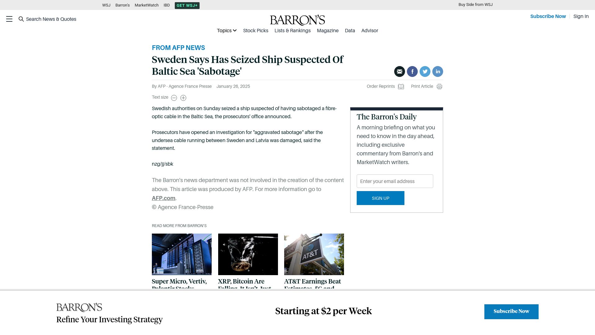 Screenshot of barrons.com: Sweden Seizes Ship Suspected of Baltic Sea 'Sabotage'