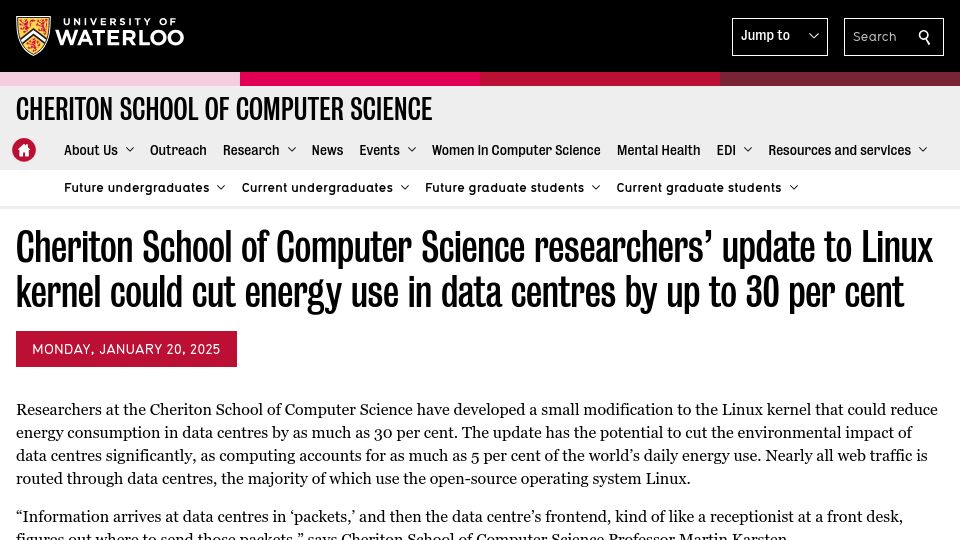 Screenshot of cs.uwaterloo.ca: Linux kernel could cut energy use in data centres by up to 30 per cent