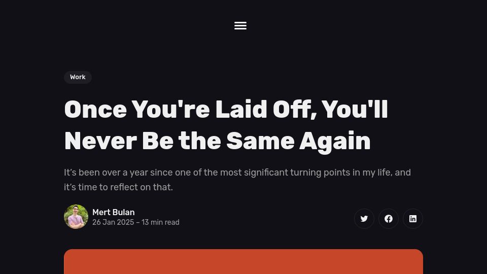 Screenshot of mertbulan.com: A layoff fundamentally changed how I perceive work