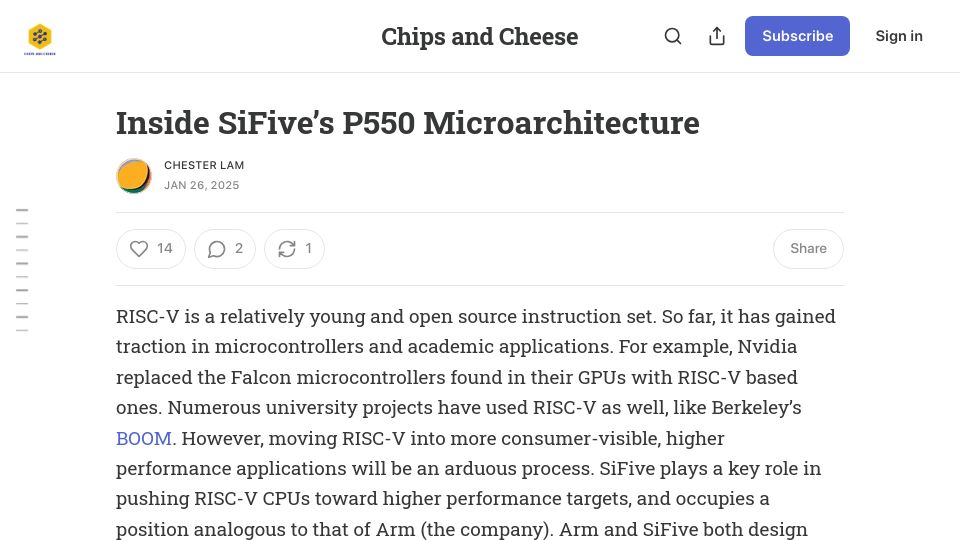 Screenshot of chipsandcheese.com: SiFive's P550 Microarchitecture