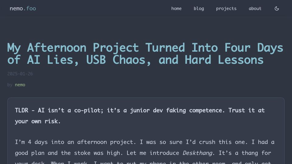 Screenshot of nemo.foo: I trusted an LLM, now I'm on day 4 of an afternoon project