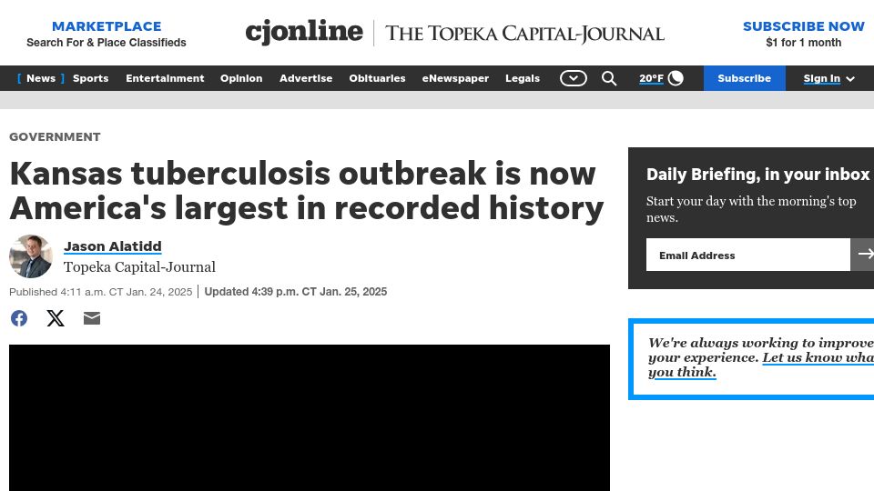 Screenshot of cjonline.com: Kansas tuberculosis outbreak is America's largest recorded since the 1950s