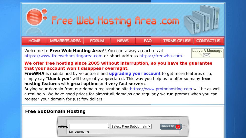 Screenshot of freewebhostingarea.com: Free Web Hosting Area