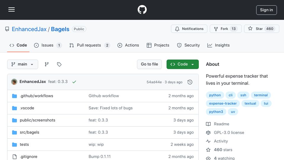 Screenshot of github.com: Show HN: Bagels – TUI expense tracker