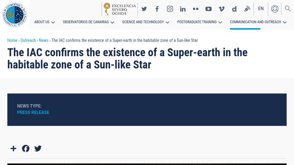 Screenshot of iac.es: IAC confirms existence of a Super-earth in the habitable zone of a Sun-like Star