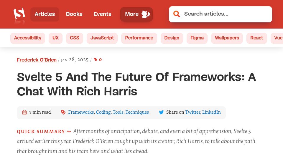 Screenshot of smashingmagazine.com: Svelte 5 and the Future of Frameworks: A Chat with Rich Harris
