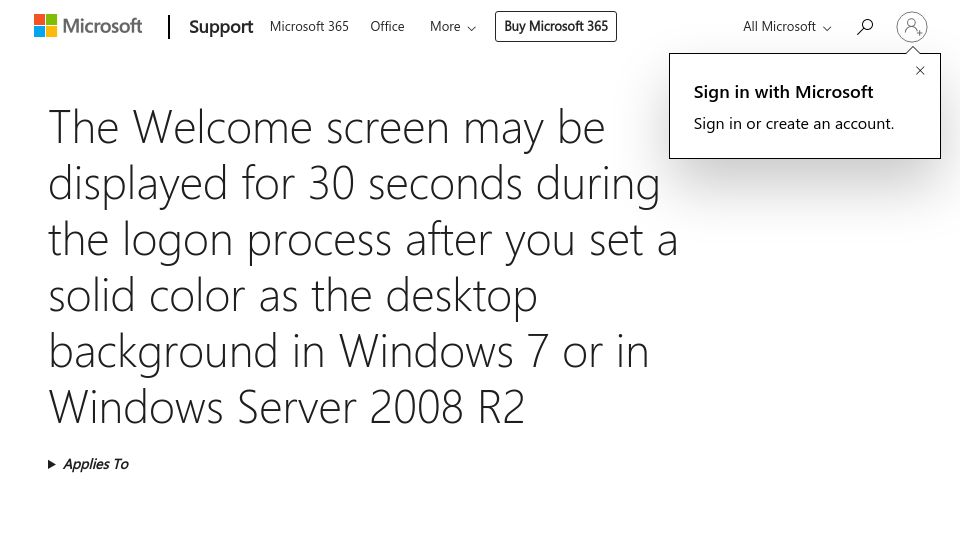 Screenshot of support.microsoft.com: Windows 7 boots slower if you set a solid background color