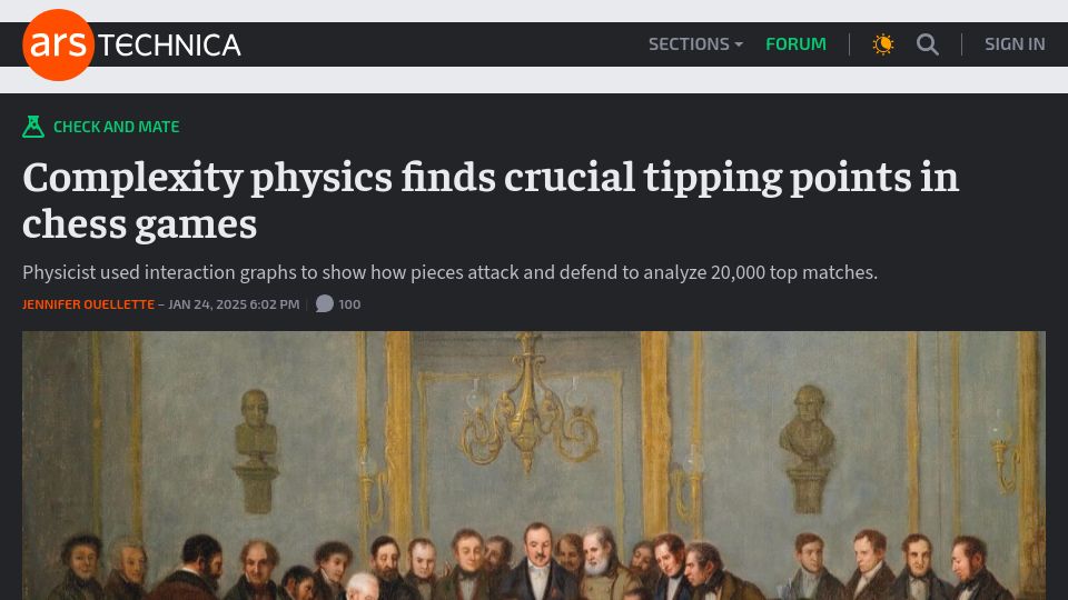 Screenshot of arstechnica.com: Complexity physics finds crucial tipping points in chess games