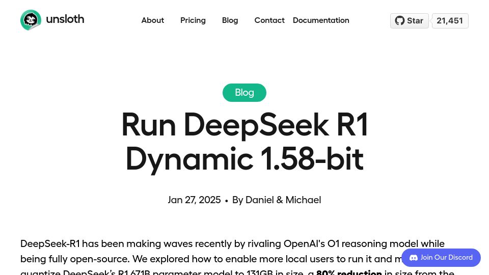 Screenshot of unsloth.ai: Run DeepSeek R1 Dynamic 1.58-bit