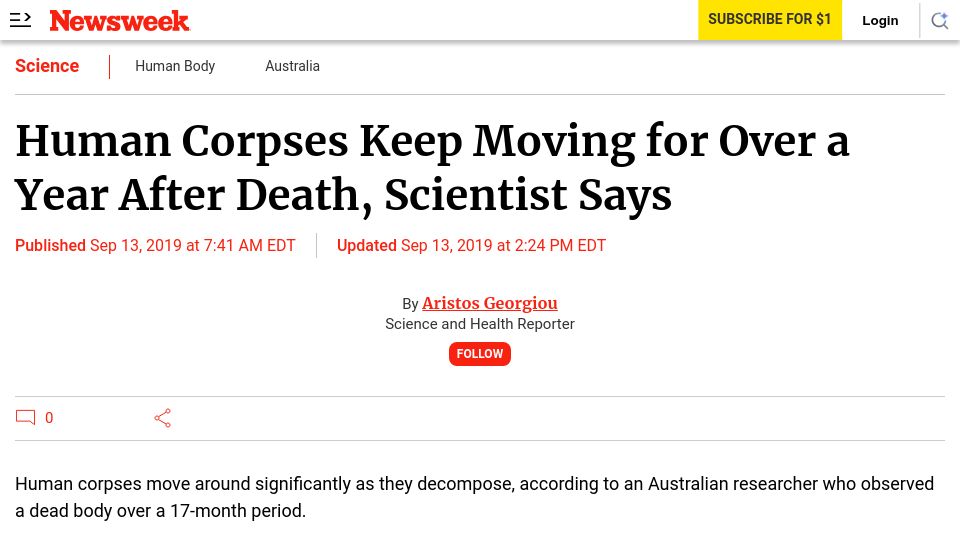 Screenshot of newsweek.com: Human corpses keep moving for over a year after death, scientist says (2019)