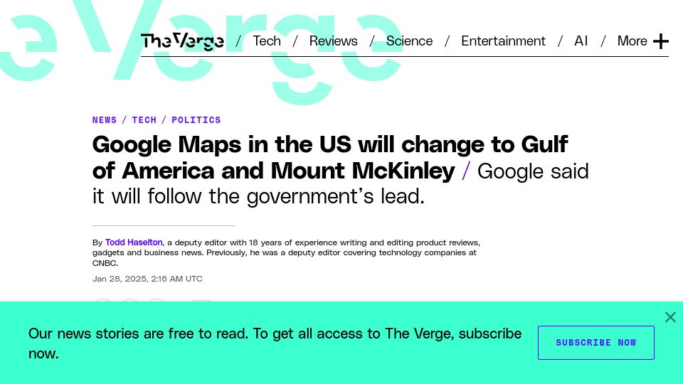 Screenshot of theverge.com: Google Maps in the US Will Change to Gulf of America and Mount McKinley