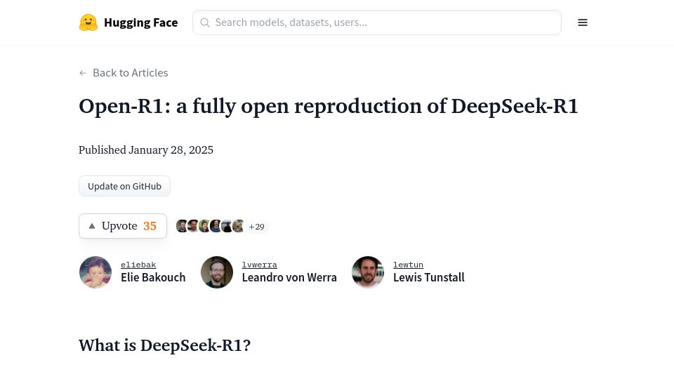 Screenshot of huggingface.co: Open-R1: an open reproduction of DeepSeek-R1