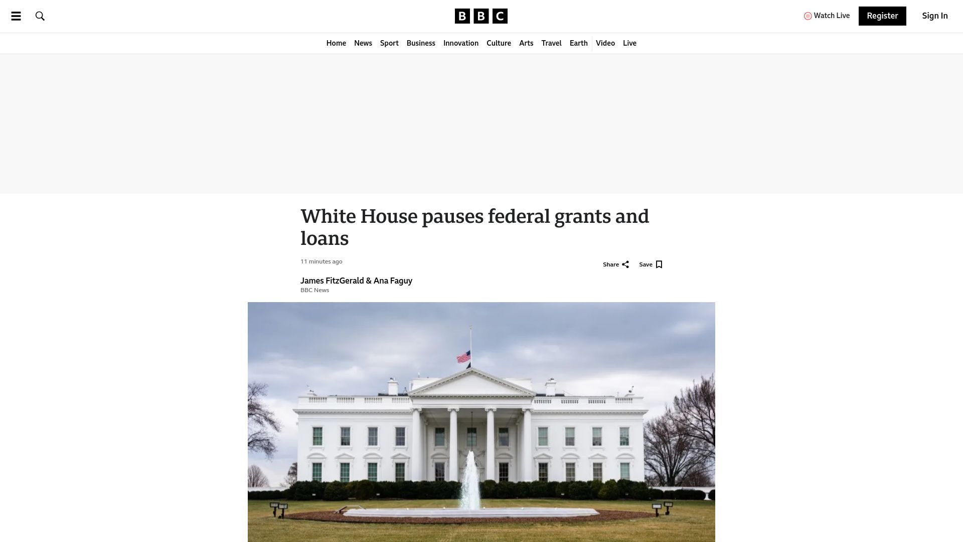 Screenshot of bbc.com: US pauses all Federal aid and grants