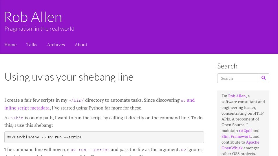 Screenshot of akrabat.com: Using uv as your shebang line