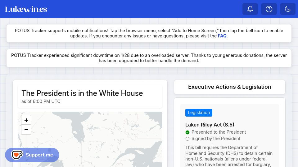 Screenshot of potustracker.us: POTUS Tracker – Executive Orders, Presidential Schedule, Signed Legislation