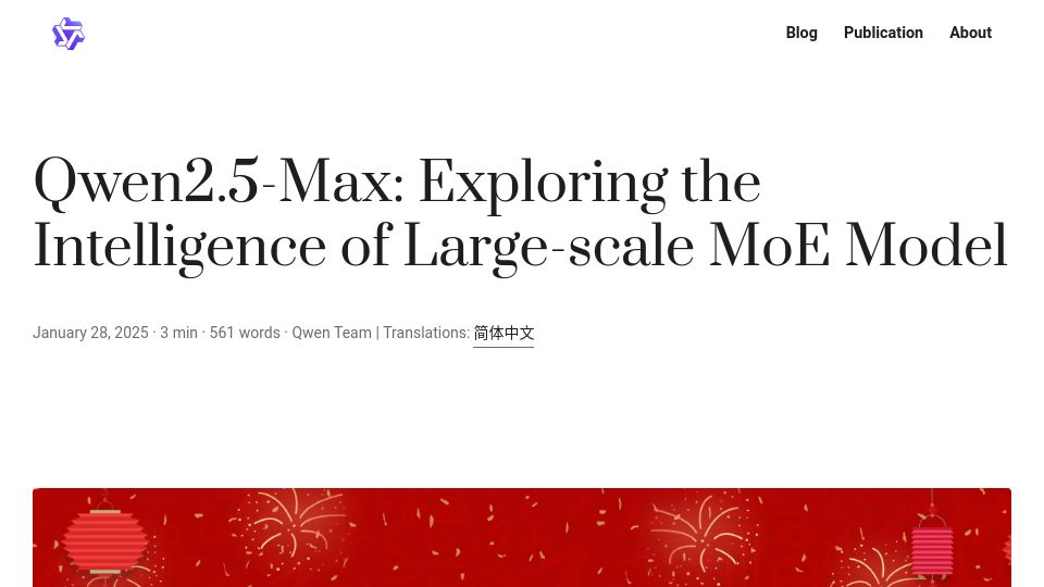 Screenshot of qwenlm.github.io: Qwen2.5-Max: Exploring the intelligence of large-scale MoE model