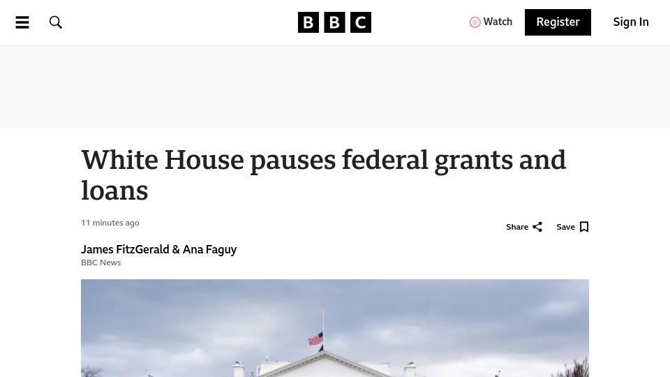 Screenshot of bbc.com: US pauses all Federal aid and grants