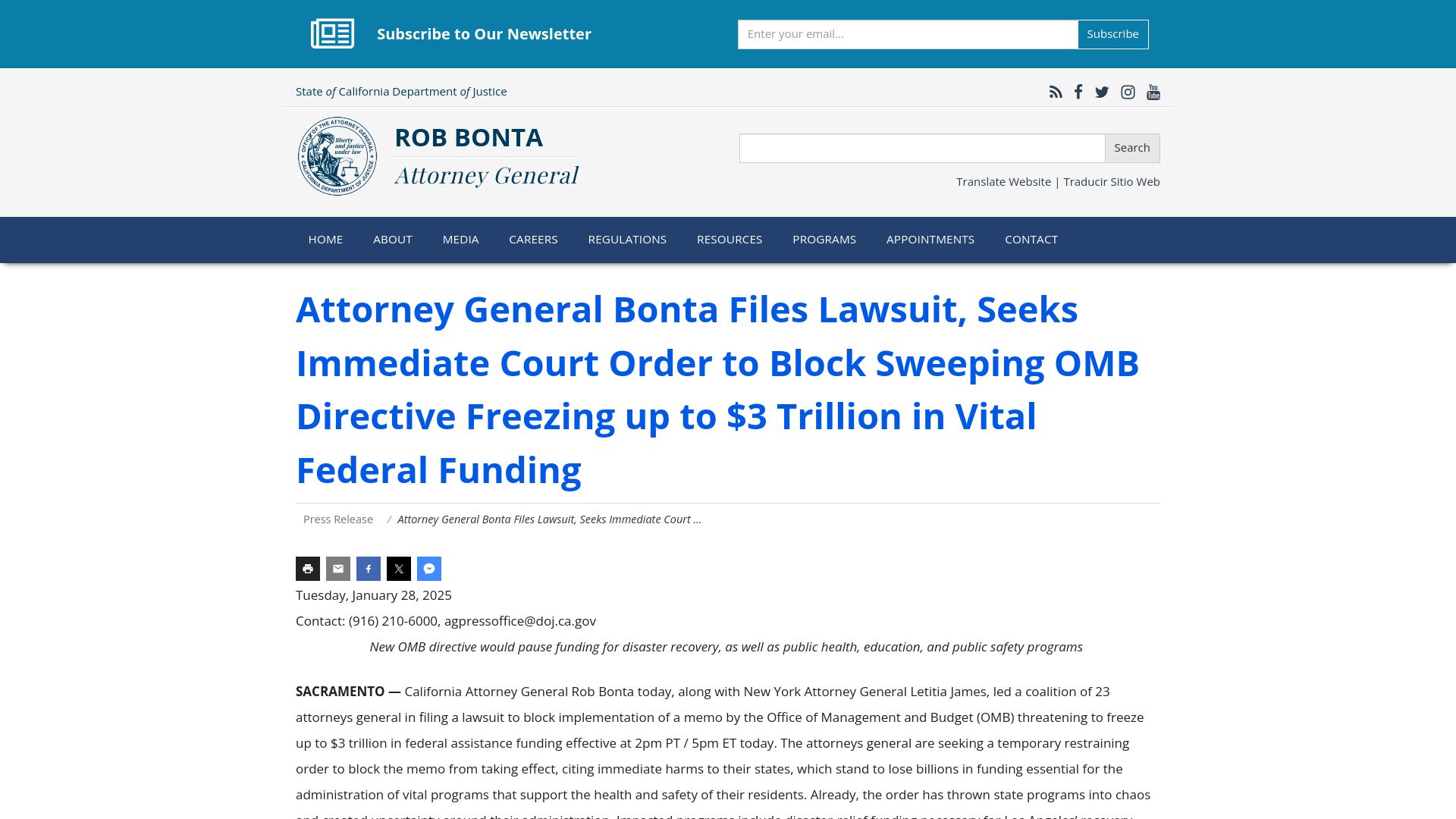 Screenshot of oag.ca.gov: CA, NY Attorneys General sue to resume federal funding of Medicaid, FEMA, PEPFAR