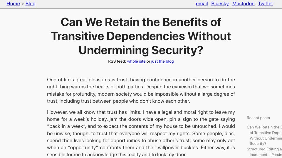 Screenshot of tratt.net: Can we get the benefits of transitive dependencies without undermining security?