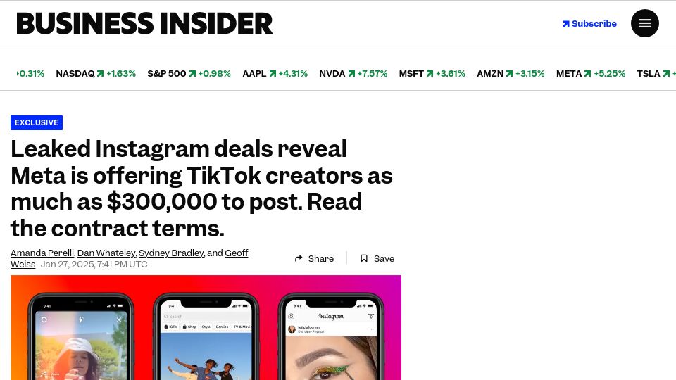 Screenshot of businessinsider.com: Instagram deals reveal Meta is offering TikTok creators as much as $300k to post
