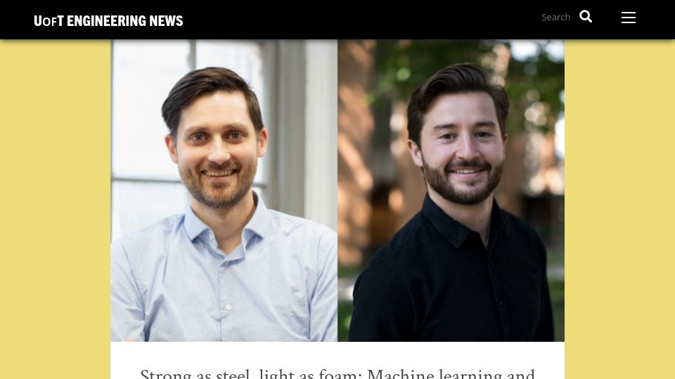 Screenshot of news.engineering.utoronto.ca: Machine learning and nano-3D printing produce nano-architected materials