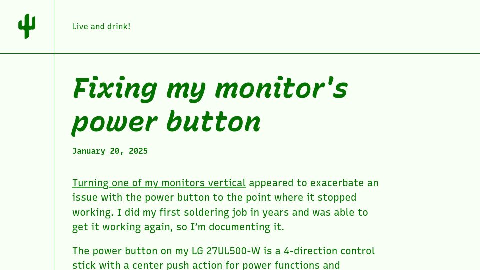 Screenshot of lkhrs.com: Fixing my monitor's power button