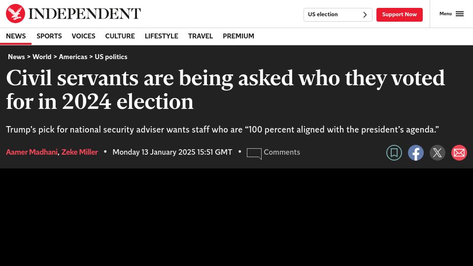 Screenshot of independent.co.uk: US Civil servants are being asked who they voted for in 2024 election