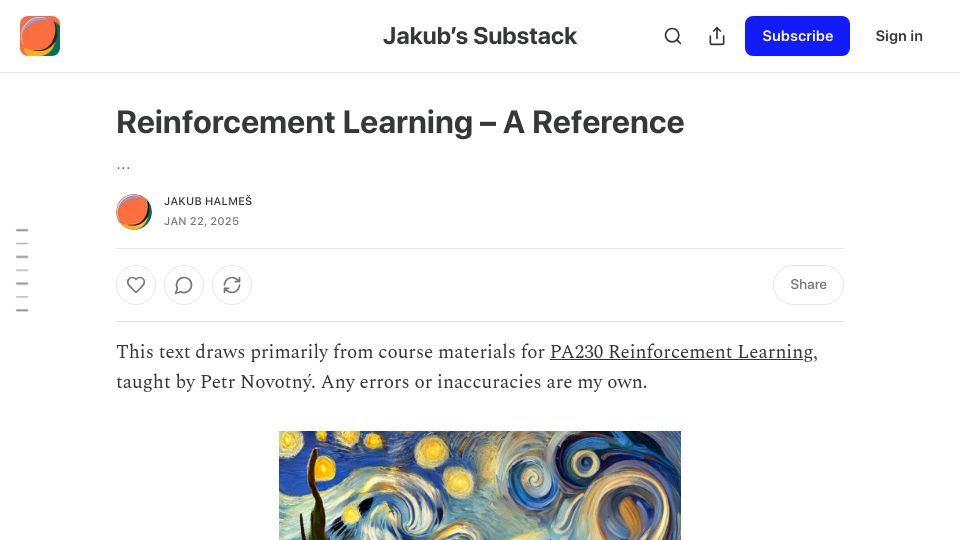 Screenshot of jakubhalmes.substack.com: Reinforcement Learning – A Reference
