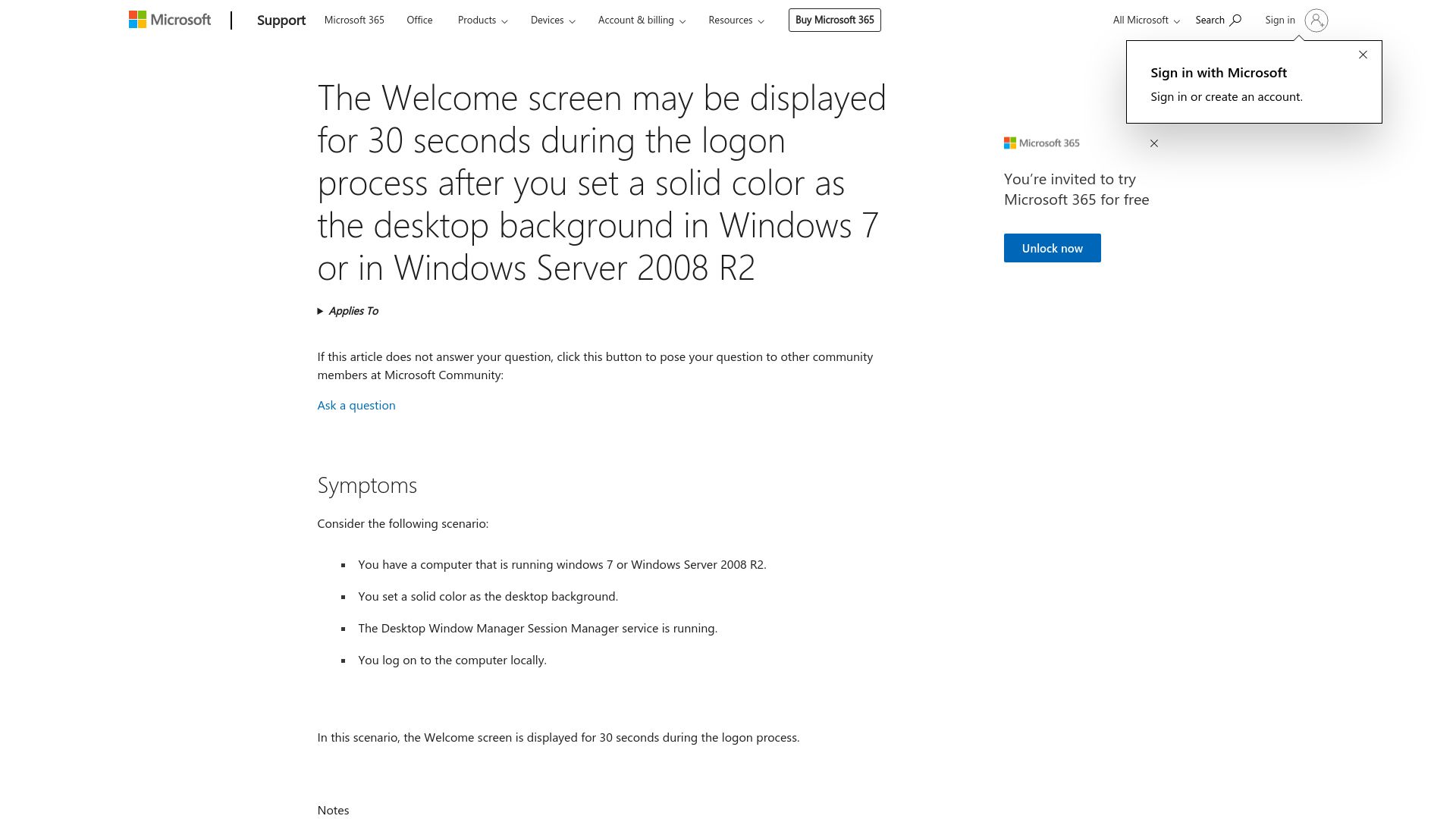 Screenshot of support.microsoft.com: Windows 7 boots slower if you set a solid background color