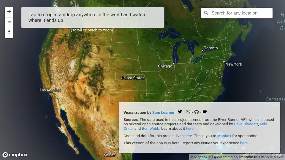 Screenshot of river-runner-global.samlearner.com: Watch the path of a raindrop from anywhere in the world