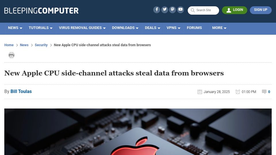 Screenshot of bleepingcomputer.com: New Apple CPU side-channel attacks steals data from browsers