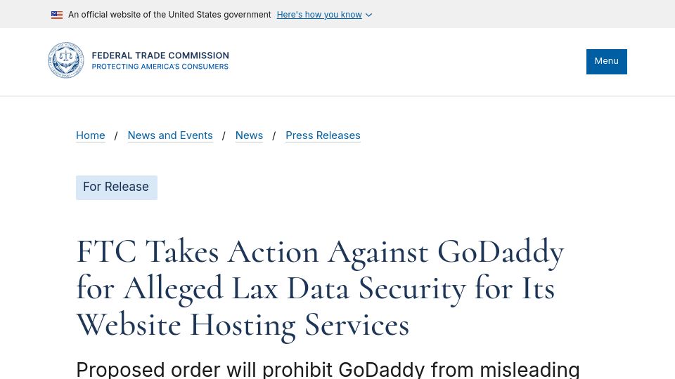 Screenshot of ftc.gov: FTC takes action against GoDaddy for alleged lax data security