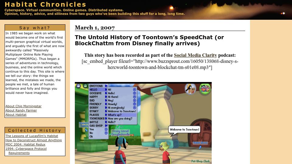 Screenshot of habitatchronicles.com: The History of Toontown’s SpeedChat (2007)