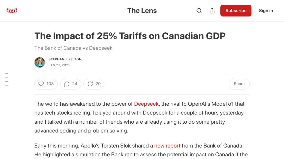 Screenshot of stephaniekelton.substack.com: The Impact of 25% Tariffs on Canadian GDP