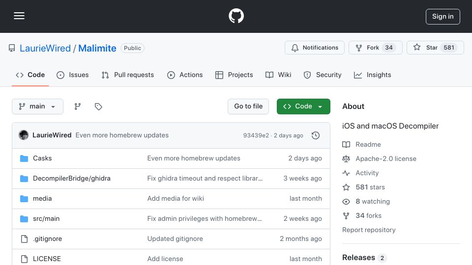 Screenshot of github.com: Malimite – iOS and macOS Decompiler