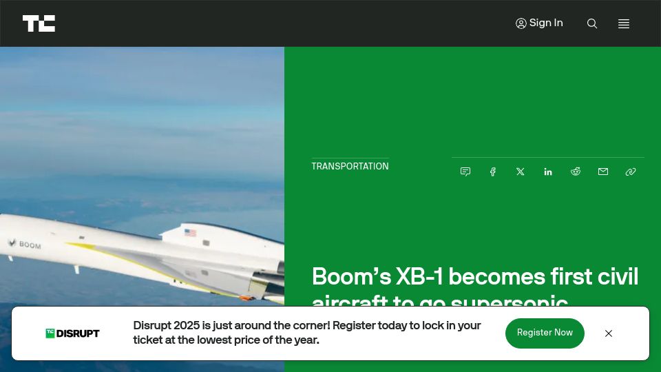 Screenshot of techcrunch.com: Boom's XB-1 becomes first civil aircraft to go supersonic