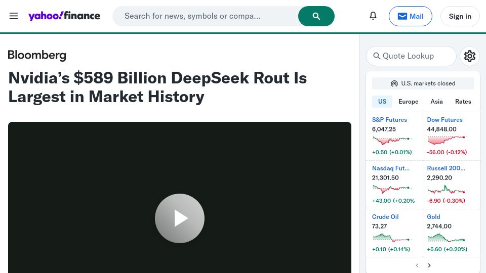 Screenshot of finance.yahoo.com: Nvidia’s $589B DeepSeek rout