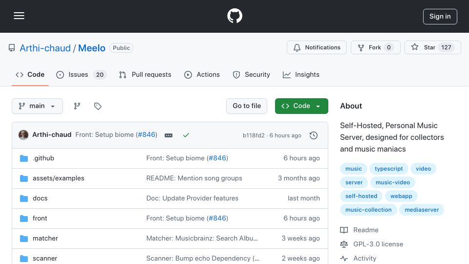 Screenshot of github.com: Show HN: Meelo, self-hosted music server for collectors and music maniacs