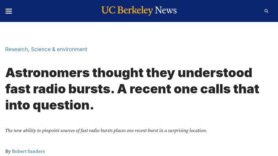 Screenshot of news.berkeley.edu: A new ability to pinpoint sources of fast radio bursts