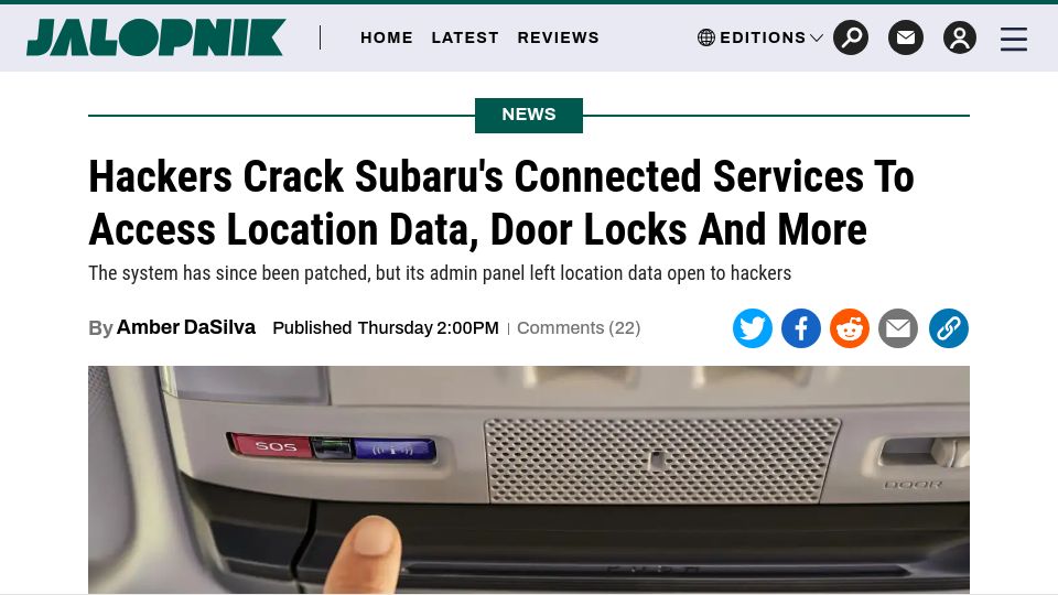 Screenshot of jalopnik.com: Hackers Crack Subaru's Connected Services to Access Data, Door Locks and More