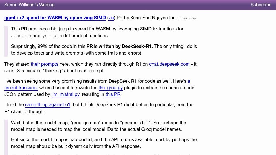 Screenshot of simonwillison.net: Promising results from DeepSeek R1 for code