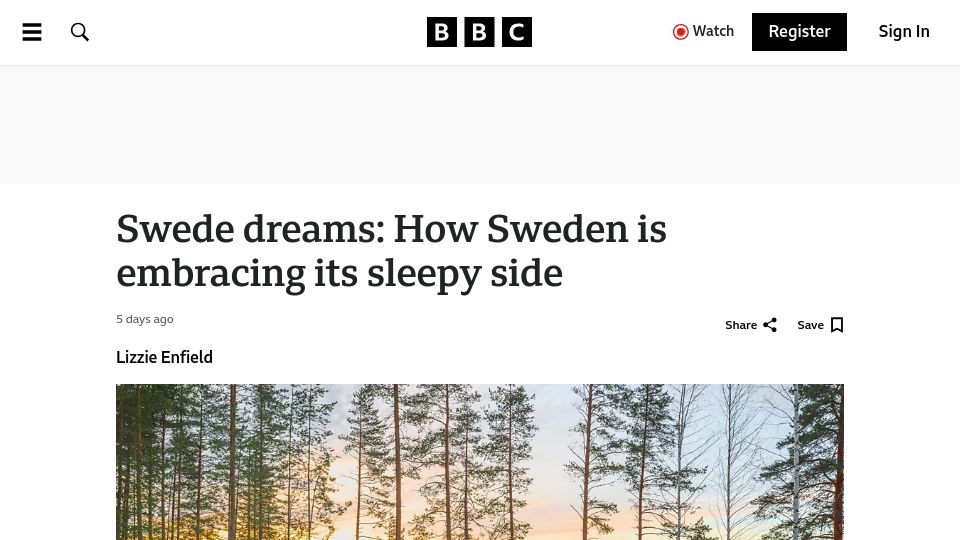Screenshot of bbc.com: Swede dreams: How Sweden is embracing its sleepy side