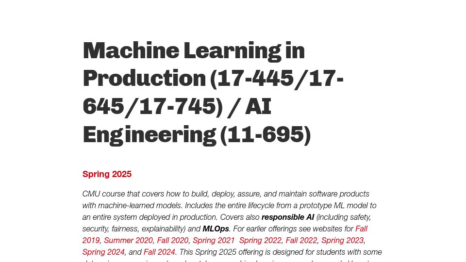 Screenshot of mlip-cmu.github.io: Machine Learning in Production (CMU Course)