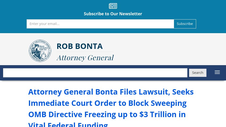 Screenshot of oag.ca.gov: CA, NY Attorneys General sue to resume federal funding of Medicaid, FEMA, PEPFAR