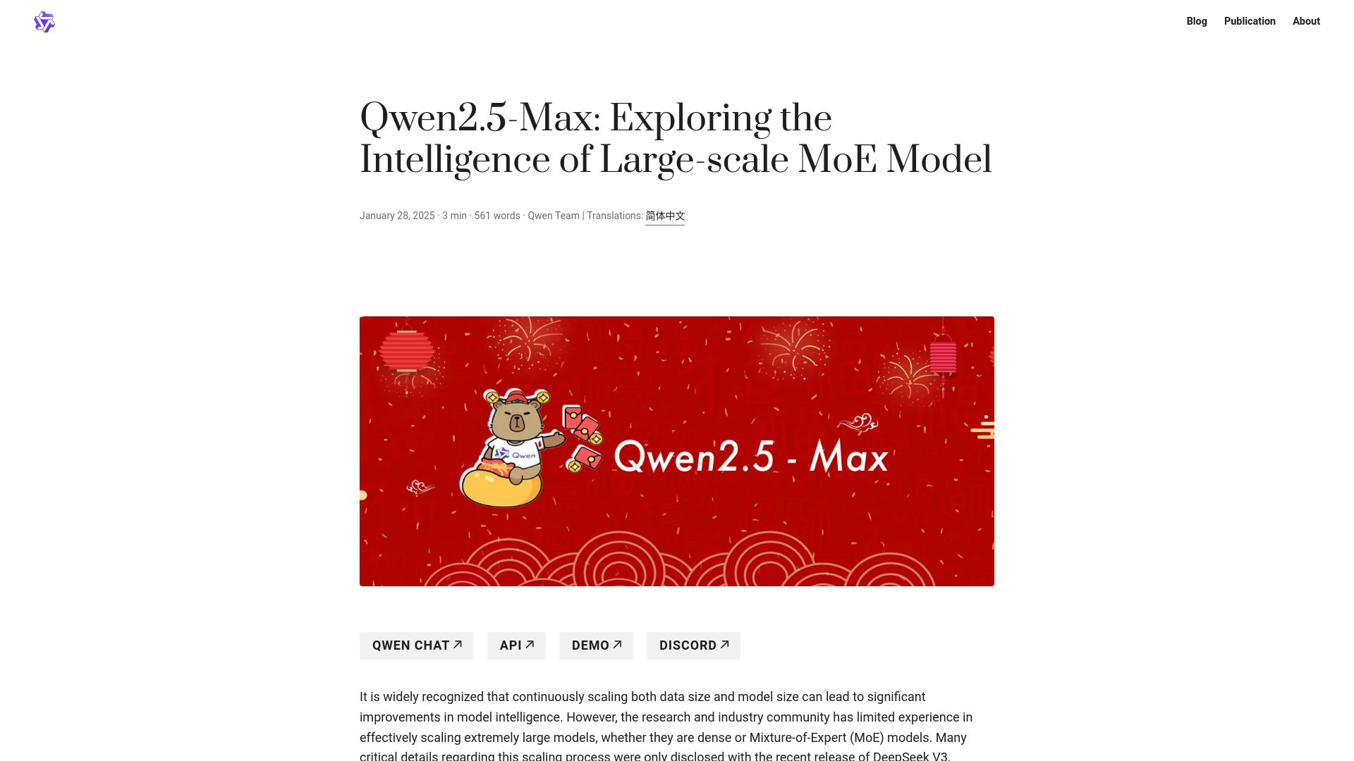Screenshot of qwenlm.github.io: Qwen2.5-Max: Exploring the intelligence of large-scale MoE model
