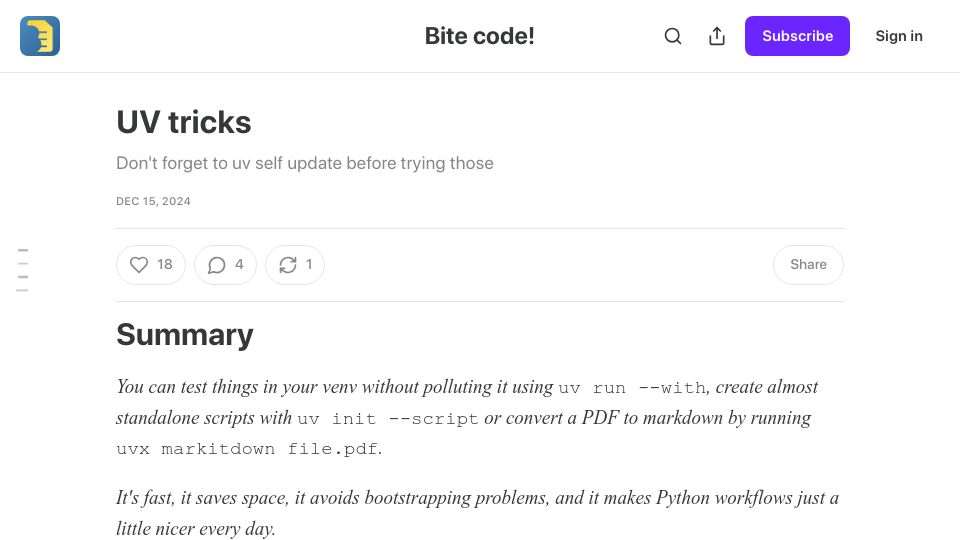 Screenshot of bitecode.dev: UV Tricks