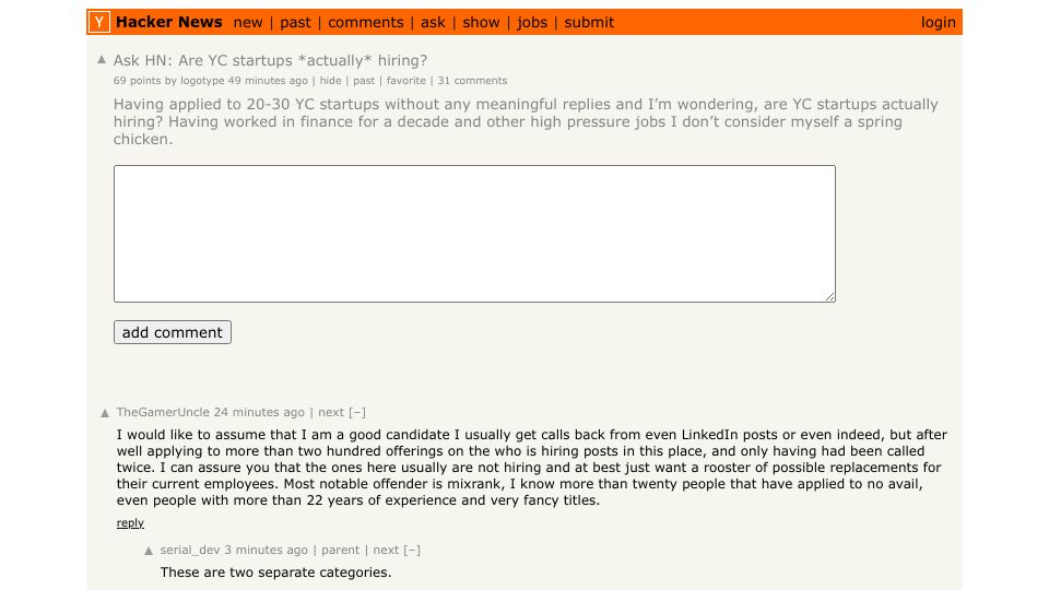 Screenshot of Hacker News post: Ask HN: Are YC startups *actually* hiring?