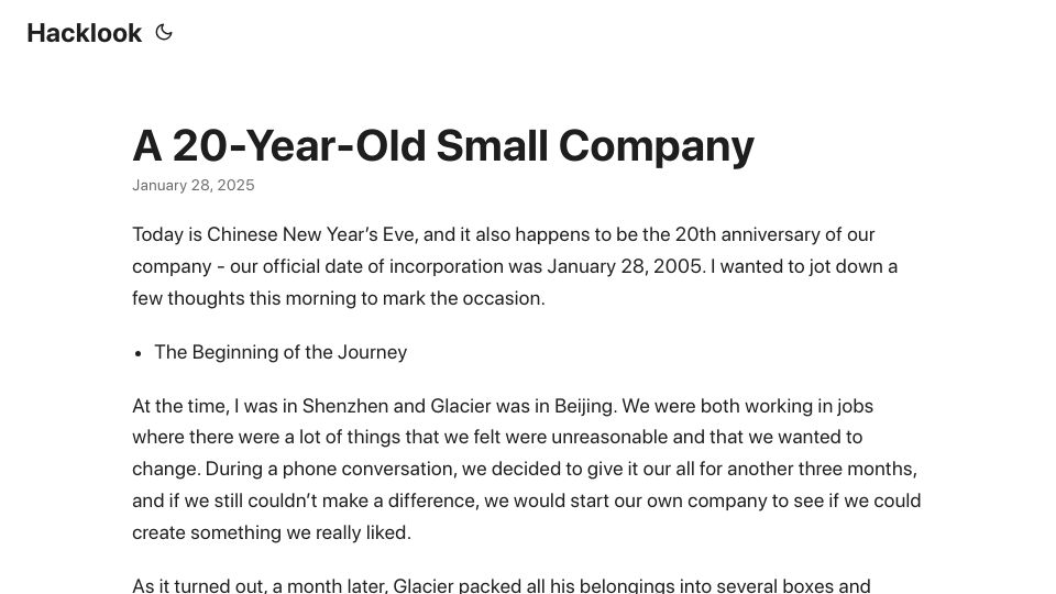 Screenshot of hacklook.com: A 20-Year-Old Small Company